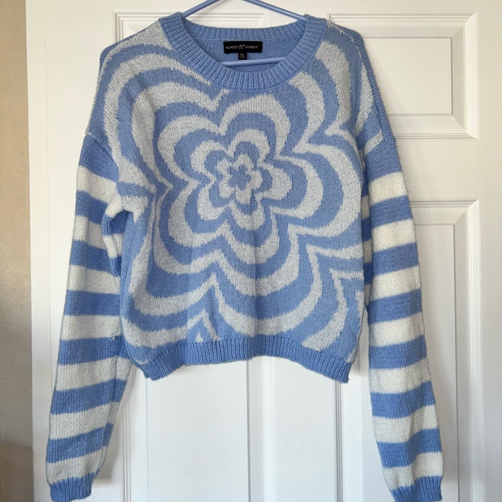 Almost Famous Blue and White Floral Swirl Crewneck Sweater